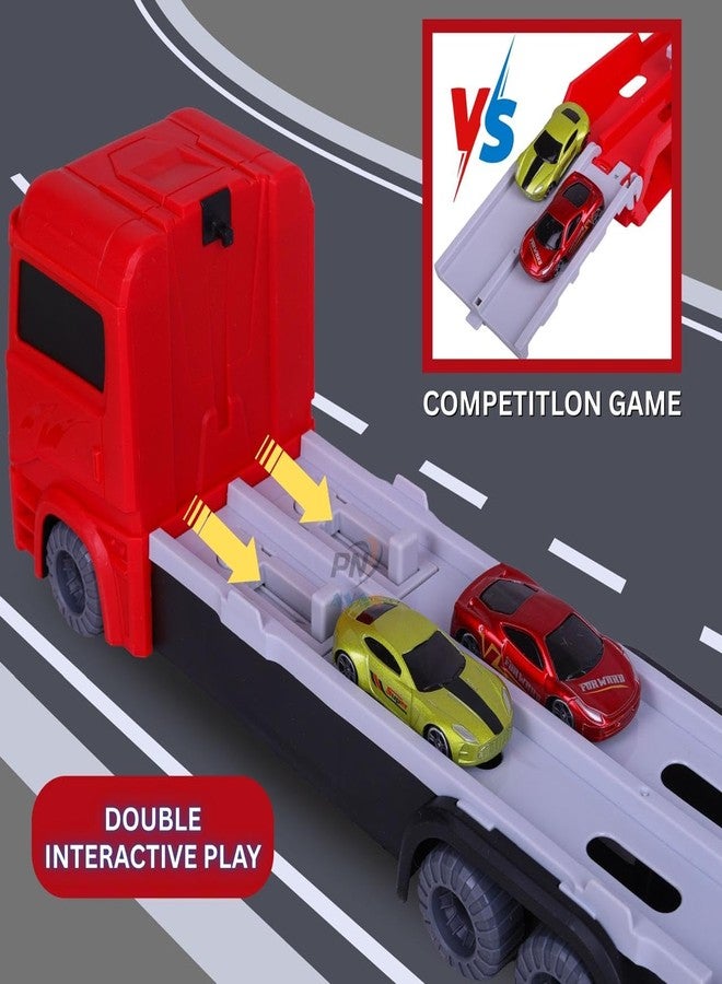 PN AVAN Big Hauler Storage & Deform Transport Truck Toy with 2 Foldable Ejection Race Track & 2 Pcs Die cast Cars for Kids (Big Hauler Red) - Image 3